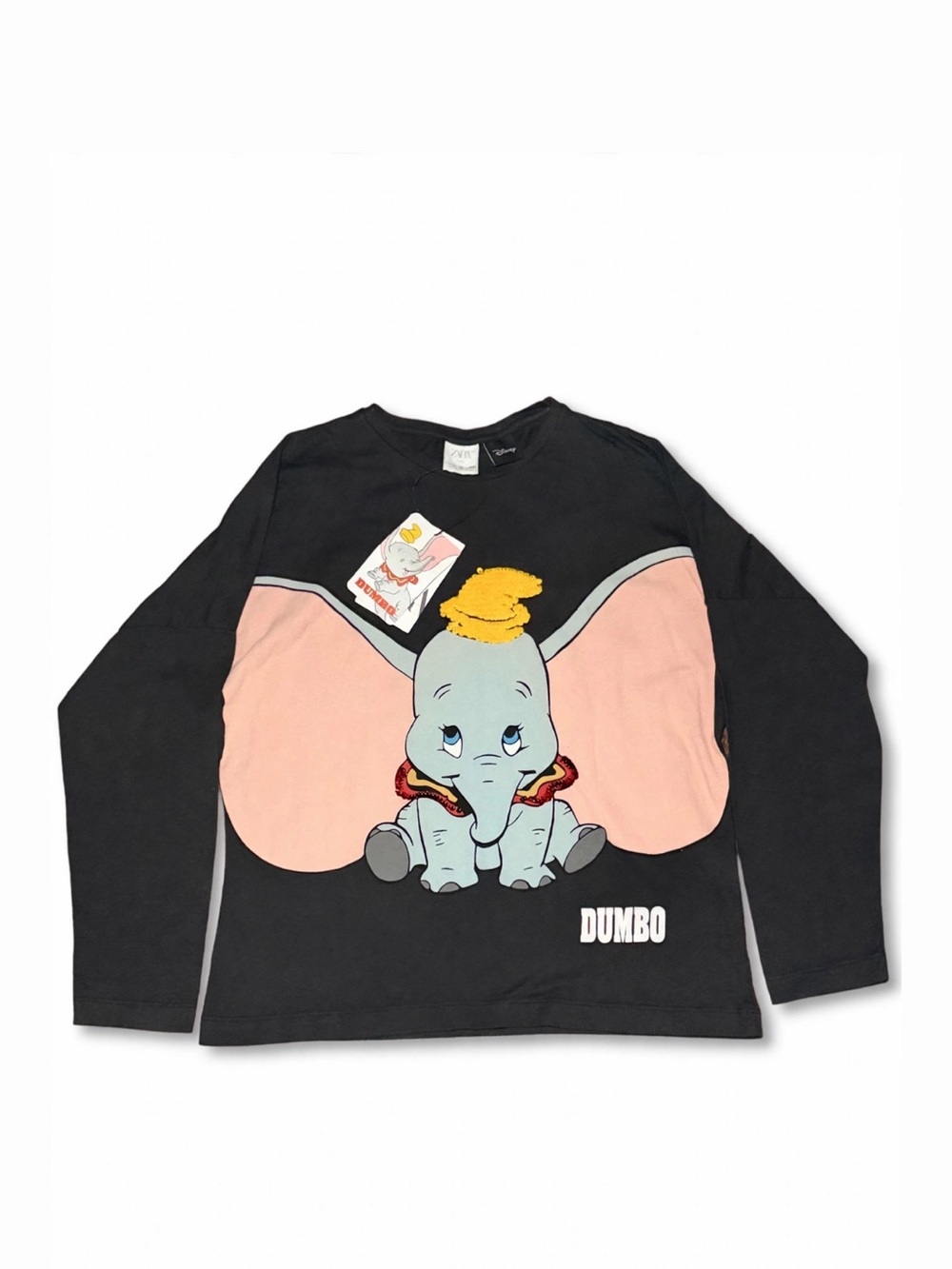 NWT Zara x disneyBlack Long-Sleeve Dumbo Graphic Tee with Pink Ears